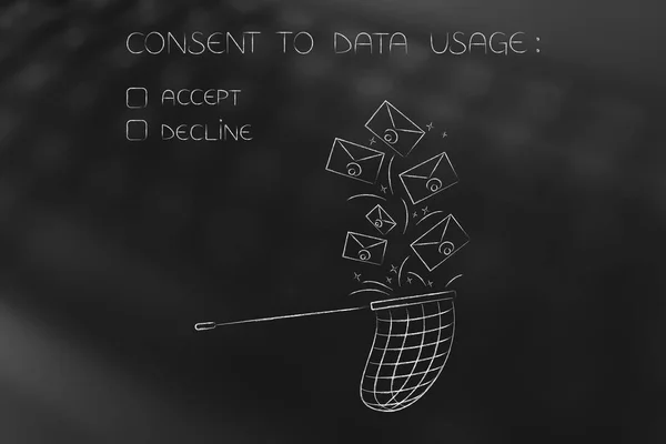 new data protection regulations conceptual illustration: emails falling into butterfly net with Consent to data usage text accept or decline