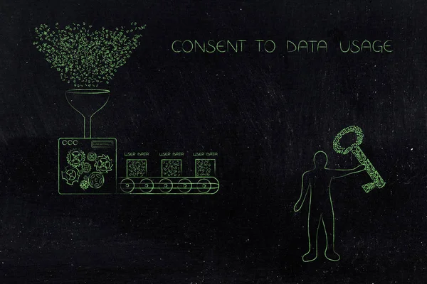 new data protection regulations conceptual illustration: factory machine processing user data and man holding digital key with Consent to data usage text