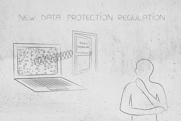 Neue Datenschutzbestimmungen Konzeptionelle Illustration Zweifelhafter Mann Blickt Auf Laptop Mit — Stockfoto