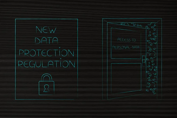 新しいデータ保護規制概念図 個人データへのアクセスとドアの横にあるプライバシー本文 — ストック写真