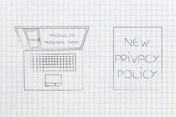 新しいデータ保護規制概念図 プライバシー本文の横にある画面上の個人データへのアクセスとノート パソコン — ストック写真