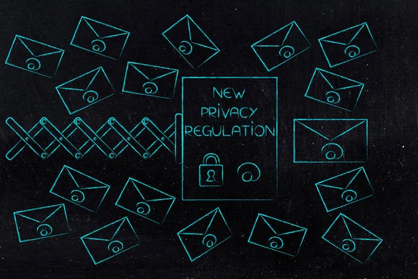 新しいデータ保護規制概念図 メール封筒に囲まれた春の新しいプライバシー規制ガイド — ストック写真