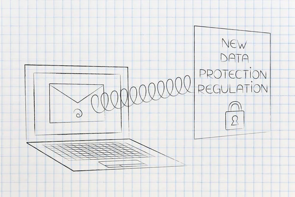 新しいデータ保護規制概念図 それで電子メールでノート パソコンの画面から飛び出し 新しいプライバシー テキスト — ストック写真