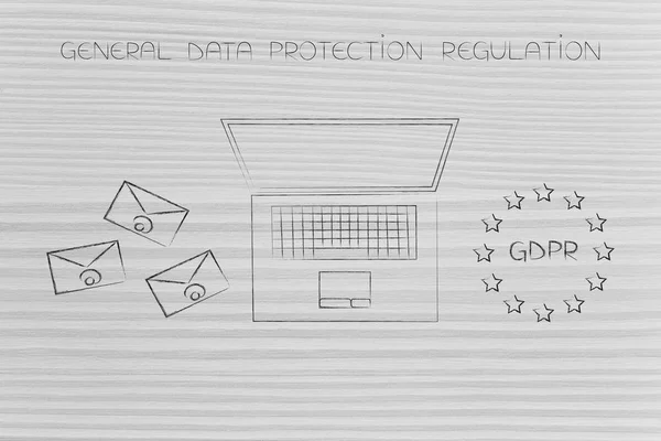 新しい一般的なデータ保護規制概念図 メールとヨーロッパの旗のデザインを持つ Gdpr アイコンの横にあるノート パソコン — ストック写真