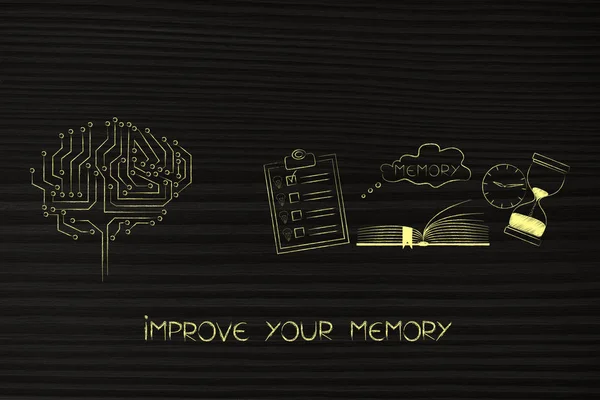 thoughts and memory conceptual illustration: digital brain next to memory icon made by book with to do list and hourglass with Improve caption
