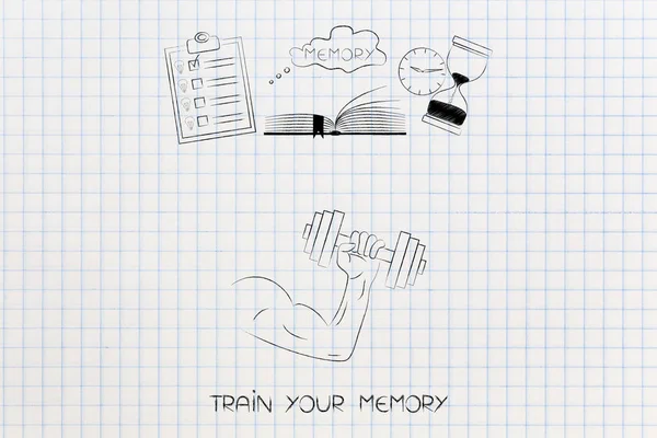 あなたのメモリの概念図を鉄道 ダンベルを保持している筋肉質の腕は リストを行う本と砂時計のメモリ アイコン — ストック写真