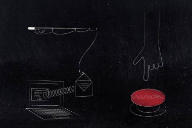 gelen kutusu kavramsal çizimi declutter: laptop perde ile bahar ve balık tutma rond dışarı sonraki haşhaş aboneliği kaldır düğmesini zorlamaya teslim etmek için e-posta ile