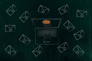 gelen kutusu kavramsal çizimi declutter: e-posta zarf tarafından çevrili Aboneliği Kaldır düğmesi ile dizüstü bilgisayar