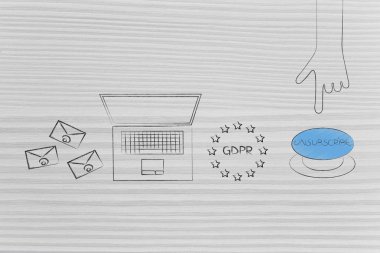 gelen kutusu kavramsal çizimi declutter: e-postaları laptop ve yaklaşık basılması için Aboneliği Kaldır düğmesinin yanındaki Gdrp simgesini yanındaki