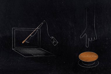 gelen kutusu kavramsal çizimi declutter: olta ile e-posta aboneliği kaldır düğmesini itmeye sonraki el için dizüstü bilgisayar