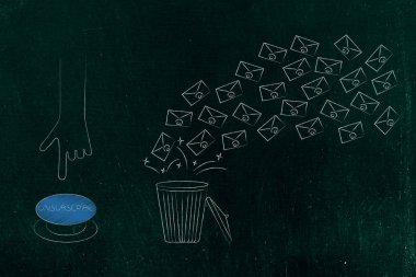 gelen kutusu kavramsal çizimi declutter: yaklaşık Aboneliği Kaldır düğmesi e-posta frlying grubunun yanındaki çöp kutusu içine itmek için el