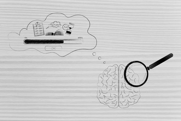 thoughts and memory conceptual illustration: brain with magnifying glass on it with comic bubble with Memory Loading icon made of to do list book and hourglass and progress bar in its thoughts