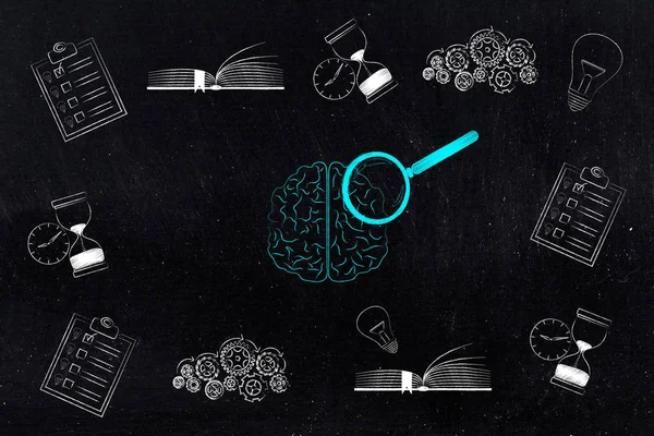 thoughts and memory conceptual illustration: brain with magnifying glass surrounded by memory-related icons from to do lists and light bulbs to gearwheels and books