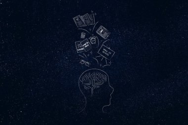 dahi misin kavramsal çizimi: ya da bunun dışında okul maddeleri ile baş beyin iconand kasalı