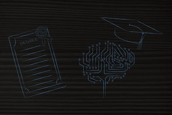 Концептуальная Иллюстрация Гениального Разума Цифровой Мозг Дипломной Крышкой Рядом Степенью — стоковое фото
