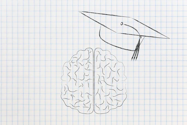 Genio Mente Ilustración Conceptual Cerebro Con Tapa Mortero Graduación — Foto de Stock