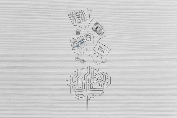genius mind conceptual illustration: digital brain with school items going in or out of it