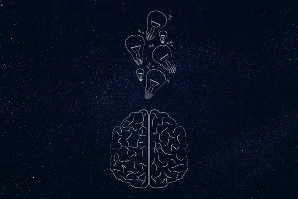 genius mind conceptual illustration: brain with idea light bulbs going in or out of it
