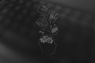 iş kavramsal illüstrasyon iyi: baş gearwheel zihin ile profil içinde ya da dışarı uçan office öğeleri ile