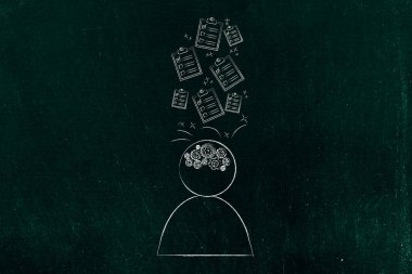 iş kavramsal illüstrasyon iyi: adam gearwheel zihinle ve başını uçan listeleri yapmak