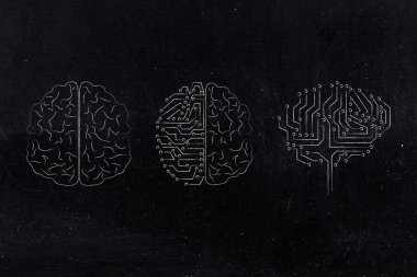 insan ve makineleri kavramsal çizimi: insan ve dijital beyin ile karışık bir arada