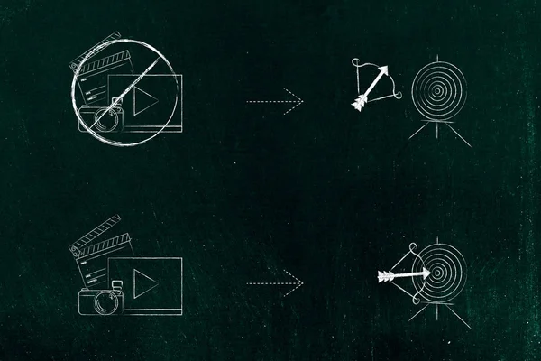 başarılı veya başarısız Pazarlama yout hedef pazar kavramsal çizimi için: sosyal medya içeriğin yanında cevapsız hedef ve hit hedef yanında başka bir men