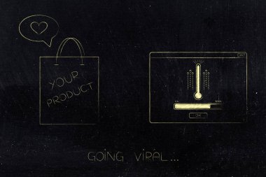 viral online kavramsal illüstrasyon gidin: termometre ve ilerleme çubuğu yükleme ile açılır iletinin yanındaki ürün alışveriş çantası