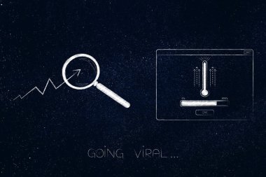viral online kavramsal illüstrasyon gidin: büyüteç ile üzerinde termometre ve ilerleme bar loadng ile açılır pencere yanında gidiş sona istatistikleri