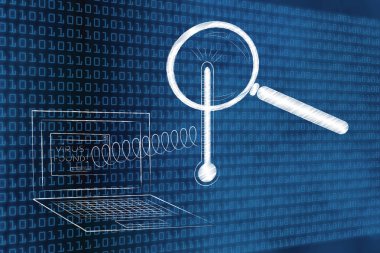 nasıl önlemek veya bilgisayar virüsleri kavramsal çizimi düzeltmek: laptop ile termometre dışarı çıkıyorum ve büyüteç üzerine