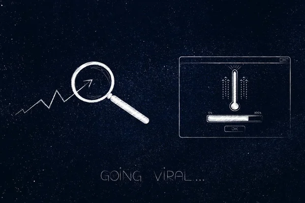 viral online kavramsal illüstrasyon gidin: büyüteç ile üzerinde termometre ve ilerleme bar loadng ile açılır pencere yanında gidiş sona istatistikleri