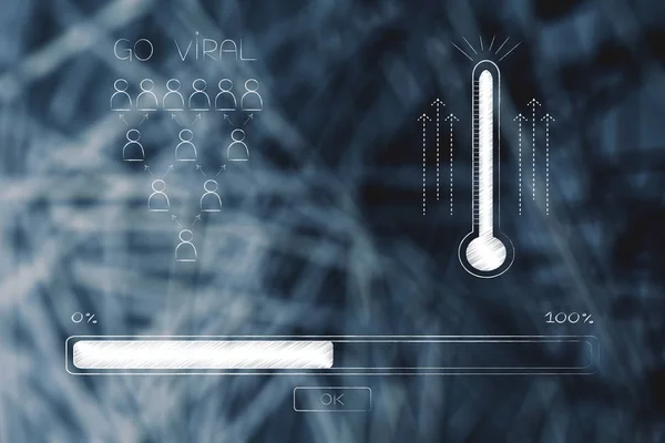 go viral online conceptual illustration: audience icon next to thermometer with progress bar loading
