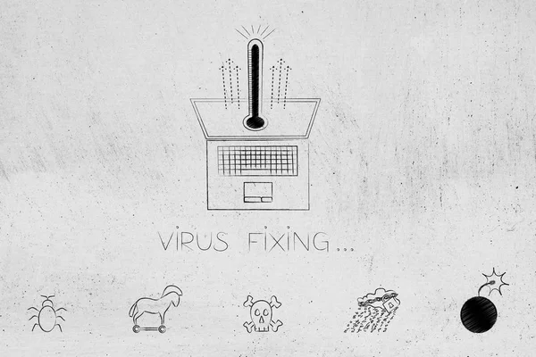 how to prevent or fix computer viruses conceptual illustration: laptop with thermometer popping up and cyber threats icons below it