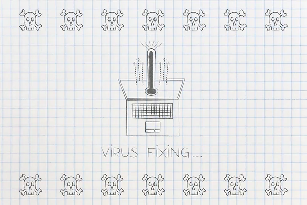 how to prevent or fix computer viruses conceptual illustration: laptop with thermometer popping up and virus skulls next to it