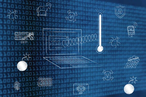 how to prevent or fix computer viruses conceptual illustration: laptop with thermometer popping out surrounded by cyber threats icons