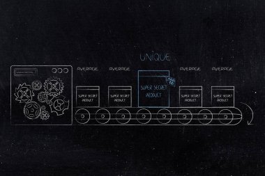 rekabet avantajı kavramsal çizimi: diğer ortalama olanlar arasında yetişkinlerin satırındaki bir benzersiz süper gizli ürün paketleme