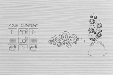 sizin çevrimiçi olup olmadığını kavramsal illüstrasyon para kazandırmak: gearwheel mekanizması ve çanta bırakarak sikke yanındaki içerik