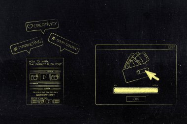 sizin çevrimiçi olup olmadığını kavramsal illüstrasyon para kazandırmak: mükemmel bir blog yazısı yanındaki açılır pencere cüzdan ve ilerleme çubuğu yükleme ile