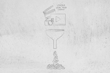 sizin çevrimiçi olup olmadığını kavramsal illüstrasyon para kazandırmak: benzersiz sosyal medya içerik dönüştürme huni gidiyor ve kar sembolü atılan paralar sonuçlanan