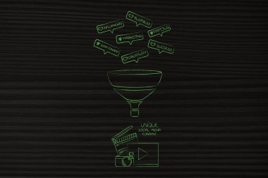 sizin çevrimiçi olup olmadığını kavramsal illüstrasyon para kazandırmak: anahtar benzersiz sosyal medya içerik içine kaynaklanan huni dijital pazarlama girecek maddeler