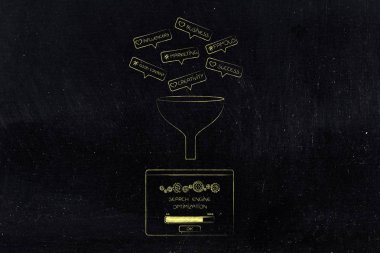 sizin çevrimiçi olup olmadığını kavramsal illüstrasyon para kazandırmak: anahtar dijital pazarlama gidiş içine huni arama motoru optimizasyonu açılan yol açan maddeler