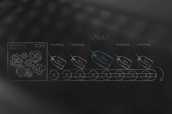 竞争优势概念例证 一个独特的产品标签在大规模生产线在其他平均一个之中 — 图库照片