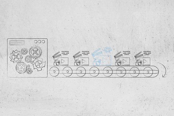 competitive advantage conceptual illustration: one unique social media content on mass-production line among other average ones