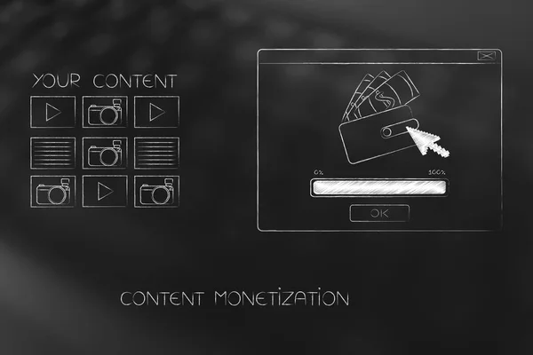 monetize your online presence conceptual illustration: your content next to pop-up with wallet and progress bar loading