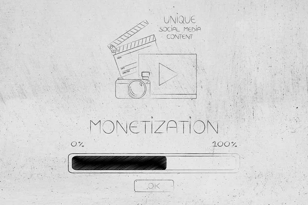convert your online presence into earnings conceptual illustration: unique social media content with Monetization caption and progress bar loading