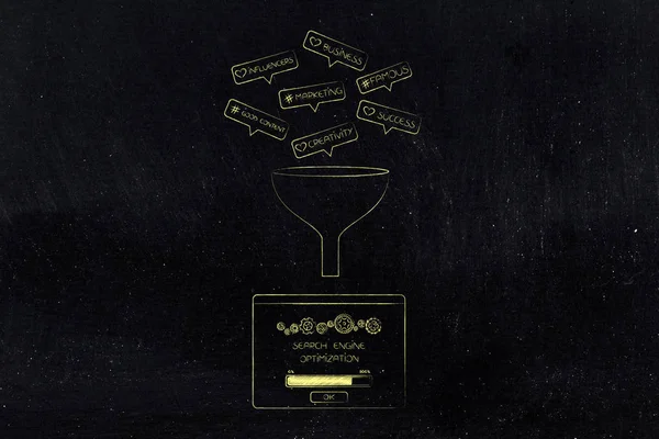 sizin çevrimiçi olup olmadığını kavramsal illüstrasyon para kazandırmak: anahtar dijital pazarlama gidiş içine huni arama motoru optimizasyonu açılan yol açan maddeler