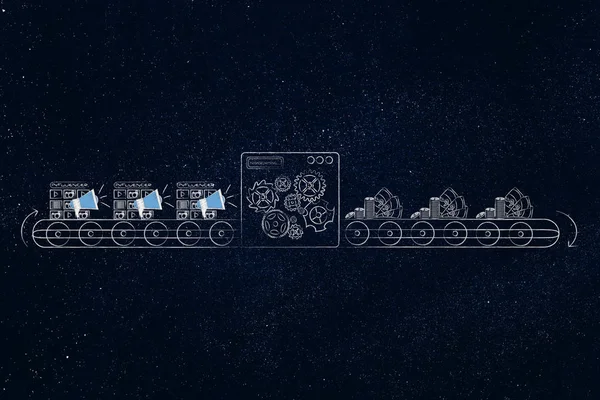 Sosyal medya pazarlama kavramsal çizimi: fabrika makine dönüm etki unsuru megafon ve simgeleri içine kar mesaj