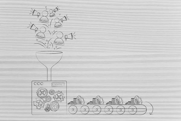 Ilustração Conceitual Marketing Mídia Social Máquina Fábrica Transformando Influenciadores Com — Fotografia de Stock