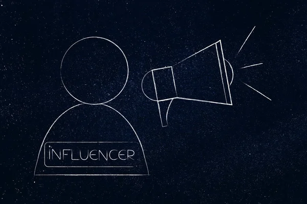 Sosyal medya pazarlama kavramsal çizimi: etkileyen Kullanıcı dijital içerik popülerlik ve Marka büyükelçileri megafon simgesiyle