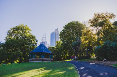 Sydney, Avustralya - 30 Aralık 2014: ayrıntılı olarak Sydney Cbd, liman ve Sydney Cbd gökdelenler ile bir park Kraliyet Botanik Bahçeleri