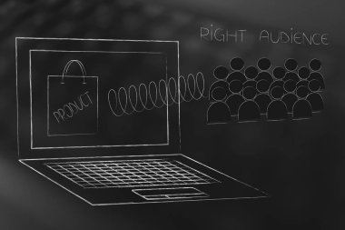 segmentasyon pazarlama ve kavramsal illüstrasyon hedefleme: bir bahar ve ürün üstünde belgili tanımlık perde dışarı haşhaş doğru hedef kitleye ile dizüstü bilgisayar